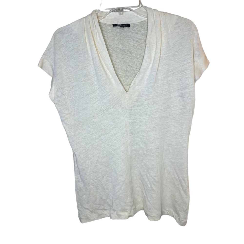 Lafayette 148 Yellow Linen Blend Stretch Fabric Short Sleeve Vneck Top Small